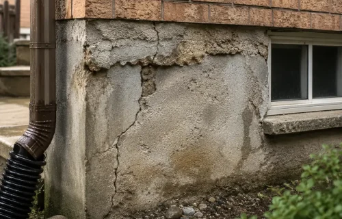 Cracked, deteriorated parging on a foundation wall beneath a brick exterior beside a downspout