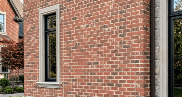 Red brick exterior wall with stone window trim, foundation cladding, and landscaped garden beds