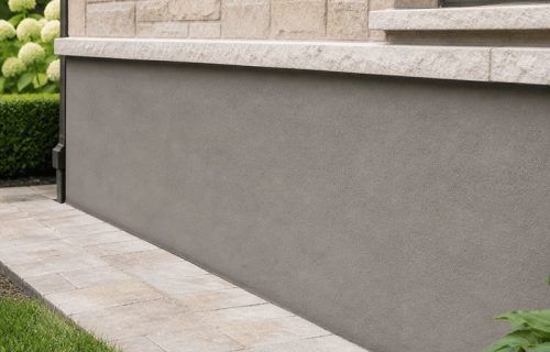 Modern masonry wall with concrete foundation and stone cladding.
