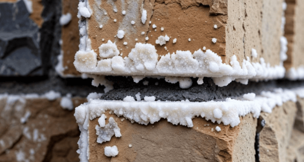 White salt deposits covering joints and surfaces of tan brick masonry