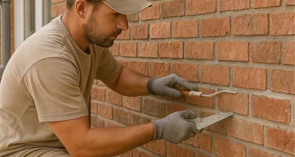 Mason tooling mortar joints on a red brick wall with a pointing trowel