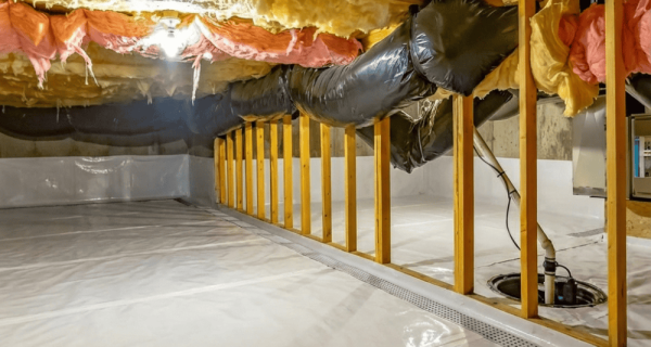 Crawlspace with sealed concrete floor, perimeter drainage channel, exposed framing, insulation and ductwork