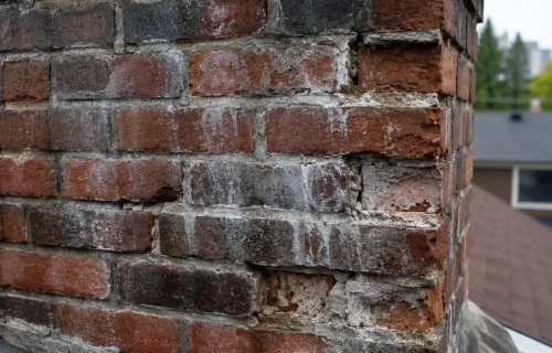Chimney water damage with spalling brick and efflorescence