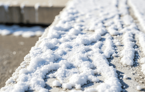 White salt deposits cover a weathered concrete surface beside a raised concrete edge
